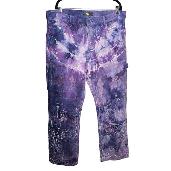 NEW Amiri Men's Cracked Tie Dye Carpenter Purple White Flare Wide Jeans Size 38 - Picture 2 of 16